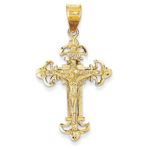 14K Gold INRI Fleur De Lis Crucifix Pendant