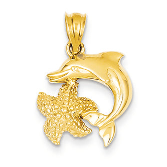 14K Gold Polished Open-Backed Dolphin & Starfish Pendant