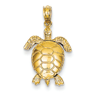 14K Gold Solid Polished 3-Dimensional Moveable Turtle Pendant