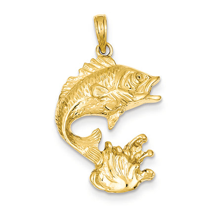 14K Gold Polished Open-Backed Bass Fish Pendant