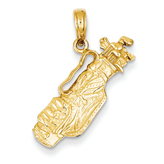14K Gold Solid Polished Open-Backed Golf Bag with Clubs Charm
