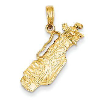 14K Gold Solid Polished Open-Backed Golf Bag with Clubs Charm