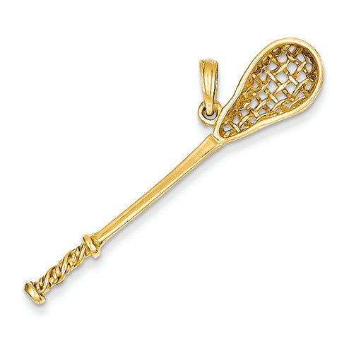 14K Gold Solid Polished 3-Dimensional Lacrosse Stick Pendant