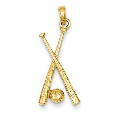 14K Gold Polished Open-Backed Bats & Ball Baseball Pendant