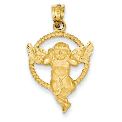 14K Gold Satin Angel in Circle Pendant