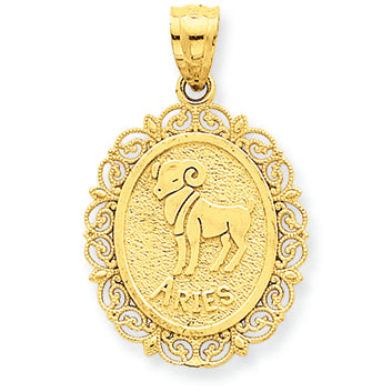 14K Gold Solid Satin Polished Aries Zodiac Oval Pendant