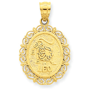 14K Gold Solid Satin Polished Leo Zodiac Oval Pendant