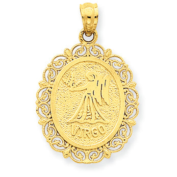 14K Gold Solid Satin Polished Virgo Zodiac Oval Pendant