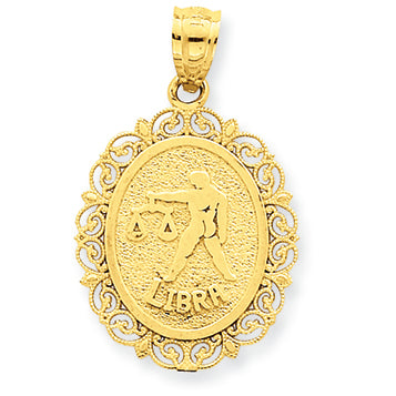 14K Gold Solid Satin Polished Libra Zodiac Oval Pendant