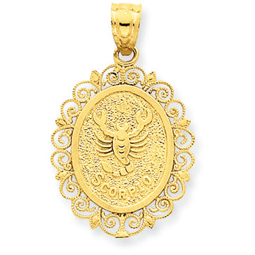 14K Gold Solid Satin Polished Scorpio Zodiac Oval Pendant