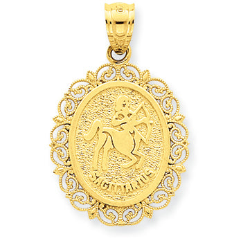14K Gold Solid Satin Polished Sagittarius Zodiac Oval Pendant