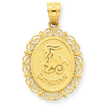 14K Gold Solid Satin Polished Capricorn Zodiac Oval Pendant