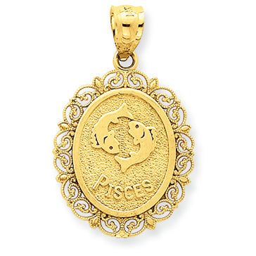 14K Gold Solid Satin Polished Pisces Zodiac Oval Pendant