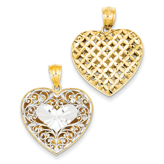 14K Gold Two-tone Filigree & Basketweave Reversible Heart Pendant