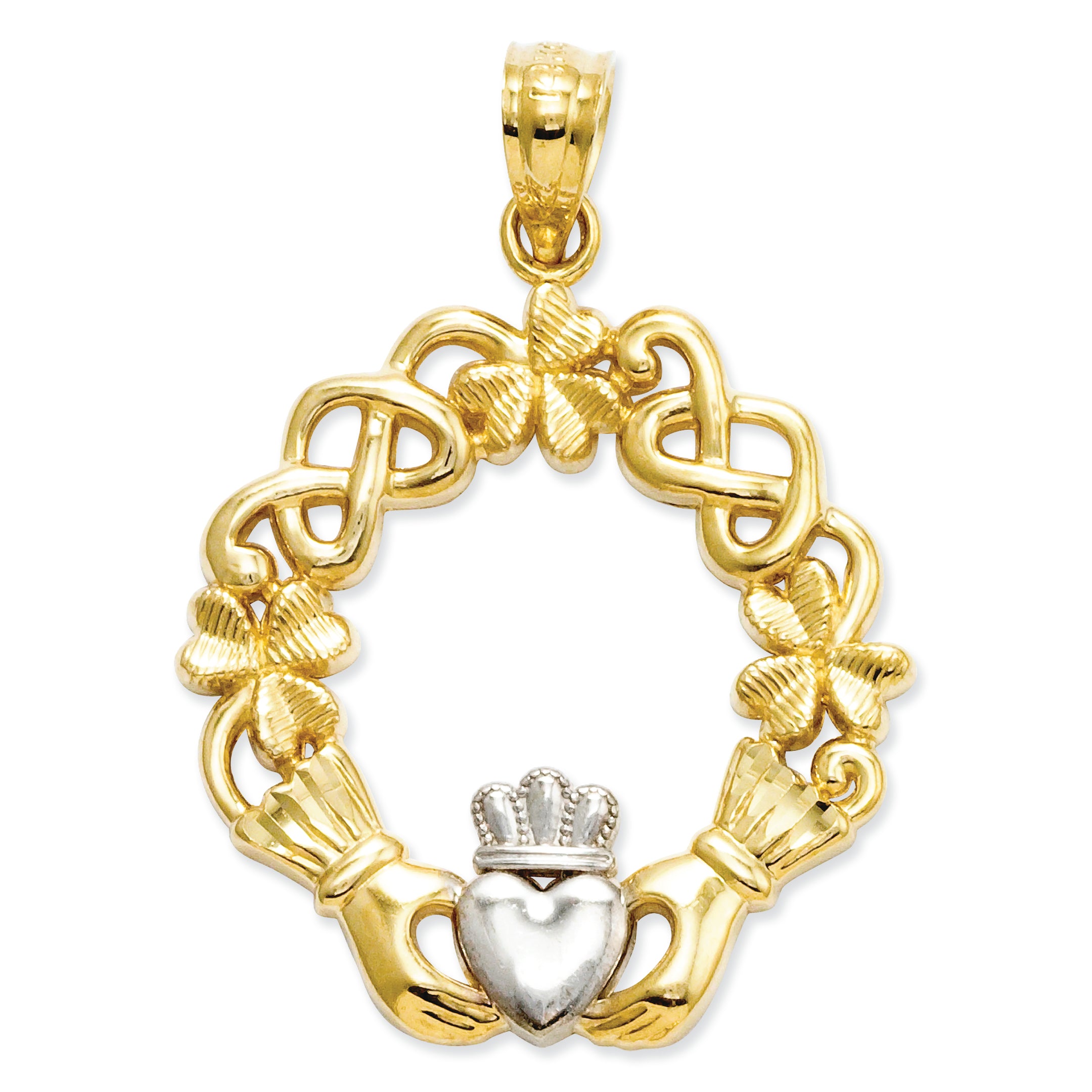 14K Gold Rhodium Claddagh Pendant