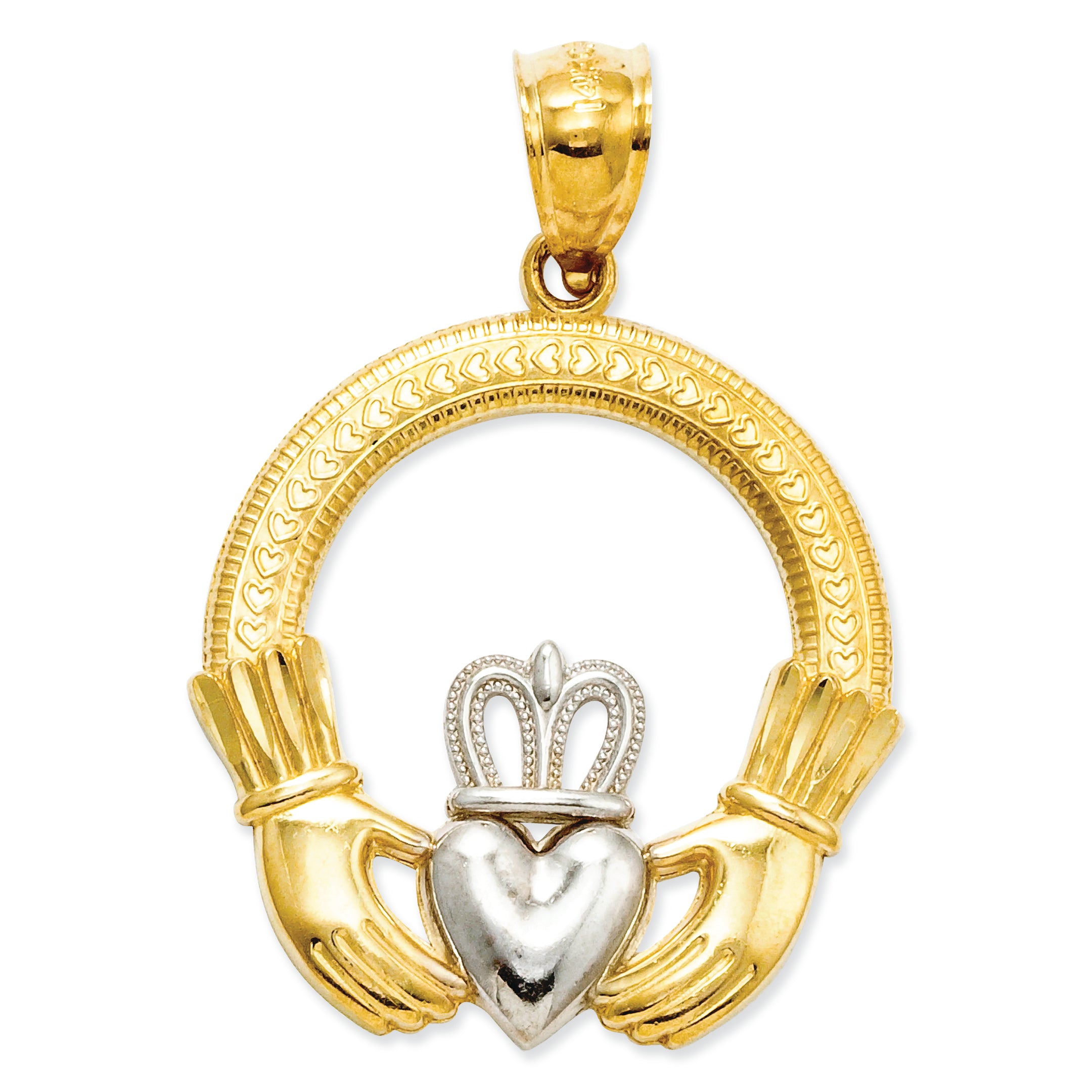 14K Gold Rhodium Claddagh Pendant