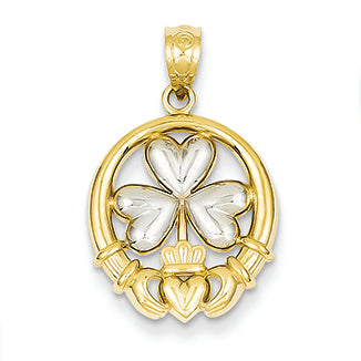 14K Gold Rhodium Claddagh w/Shamrock Pendant
