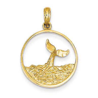 14K Gold Whale Tail in Circle with Waves Pendant
