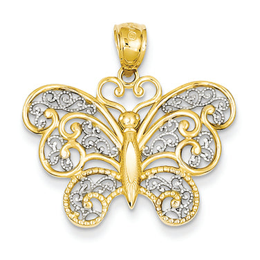 14K Gold with Rhodium Filigree Butterfly Pendant