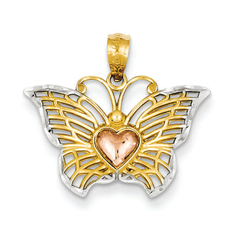 14K Gold Yellow & Rose w/Rhodium Butterfly with Heart Pendant