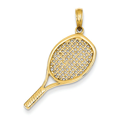 14K Gold Solid Polished 3-D Tennis Racquet Pendant