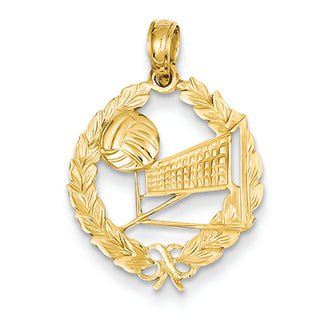 14K Gold Volleyball Story in Leaf Circle Pendant