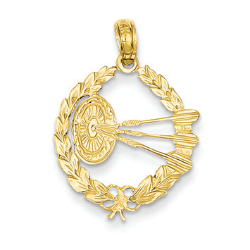 14K Gold Dart Board and Darts in Leaf Design Pendant