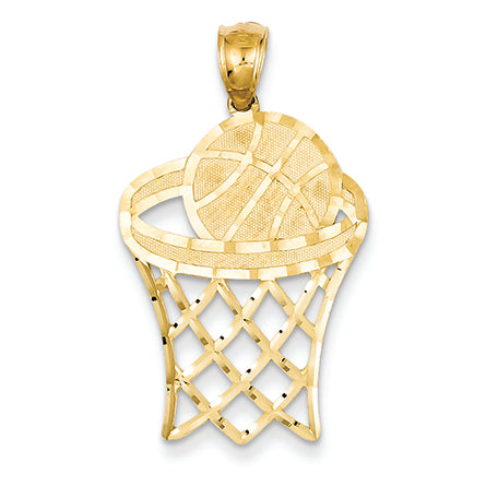 14K Gold Basketball in Hoop Diamond Cut Pendant
