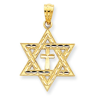14K Gold Diamond-cut Star of David w/Cross Pendant