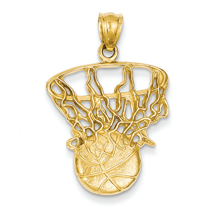 14K Gold Swoosh Basketball and Net Pendant