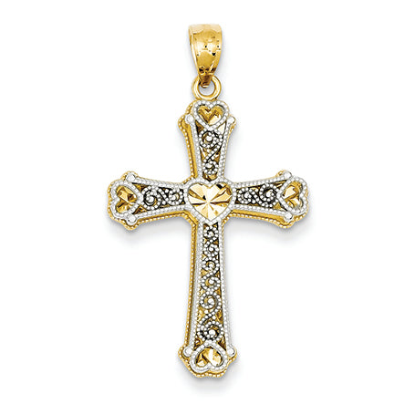 14K Gold Two-tone Hearts Cross Pendant