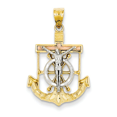 14K Gold Tri-color Diamond-cut & Textured Mariner's Cross Pendant