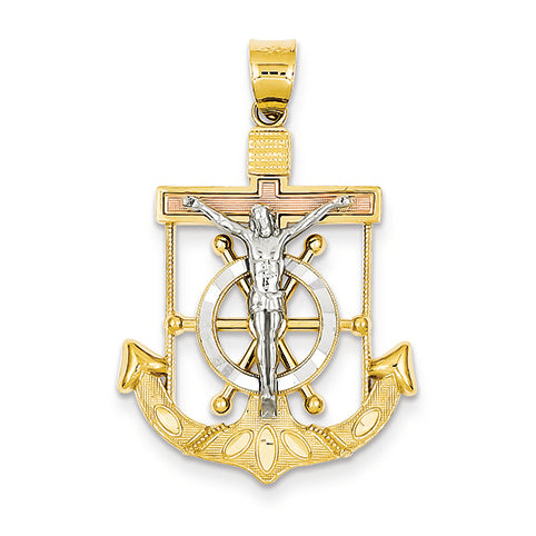 14K Gold Tri-color Diamond-cut & Textured Mariner's Cross Pendant