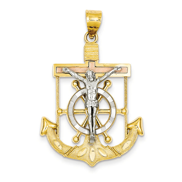 14K Gold Tri-color Diamond-cut & Textured Mariner's Cross Pendant