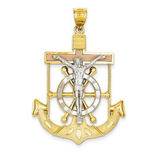 14K Gold Tri-color Diamond-cut & Textured Mariner's Cross Pendant