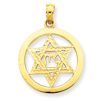 14K Gold Jewish Chi in Star of David Pendant