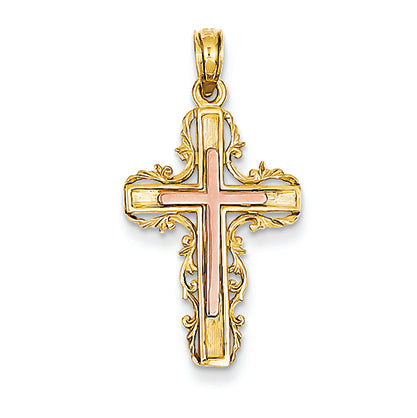 14K Gold Two-tone Lace Trimmed Cross Pendant