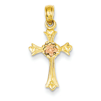 14K Gold Two-tone Cross with Heart Ends & Pink Flower Pendant
