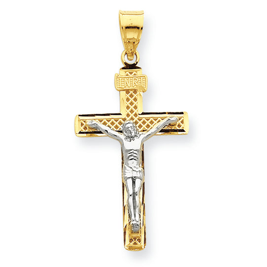 14K Gold Two-tone D/C Large Block Lattice Cross w/Crucifix Pendant