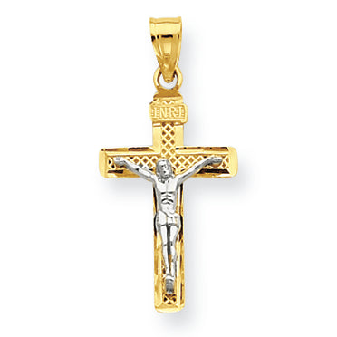 14K Gold Two-tone D/C Small Block Lattice Cross w/Crucifix Pendant
