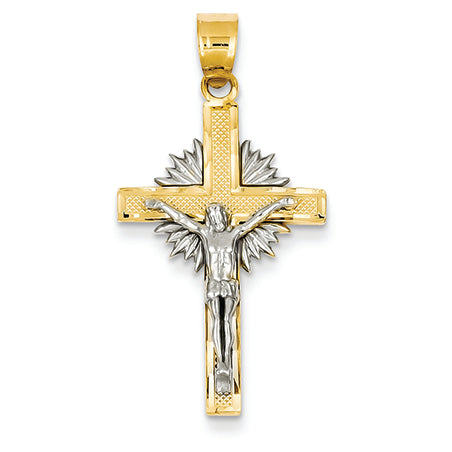 14K Gold Two-tone Medium Diamond-cut Crucifix w/Sunrays Pendant