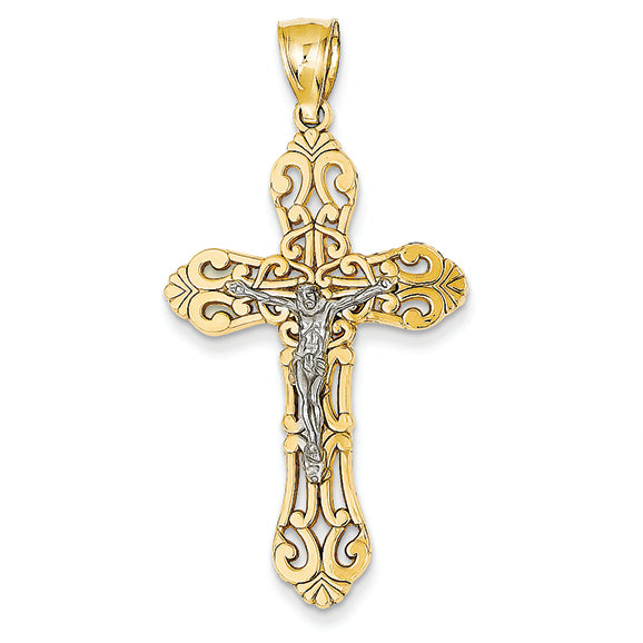 14K Gold Two-tone Scrolled Edged Crucifix Pendant