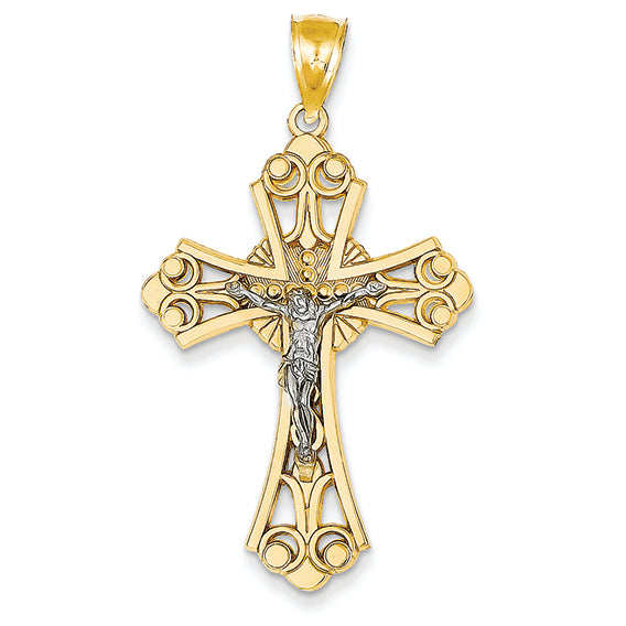 14K Gold Two-tone Sunburst Center Budded Crucifix Pendant