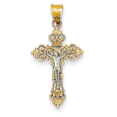 14K Gold Two-tone Small Lacey-edged INRI Crucifix Pendant