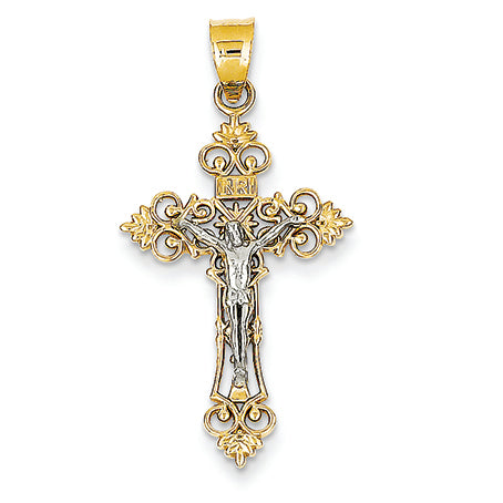 14K Gold Two-tone Medium Lacey-edged INRI Crucifix Pendant