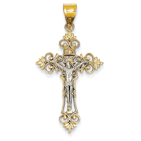 14K Gold Two-tone Large Lacey-edged INRI Crucifix Pendant