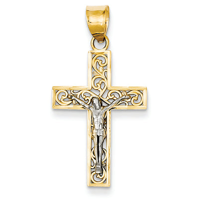 14K Gold Two-tone D/C Small Block Filigree Cross w/Crucifix Pendant