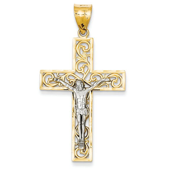 14K Gold Two-tone D/C Large Block Filigree Cross w/Crucifix Pendant