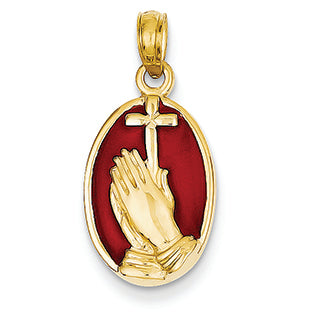 14K Gold Red Translucent Acrylic Praying Hands and Cross Pendant