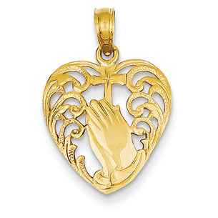 14K Gold Praying Hands and Cross in Heart Pendant